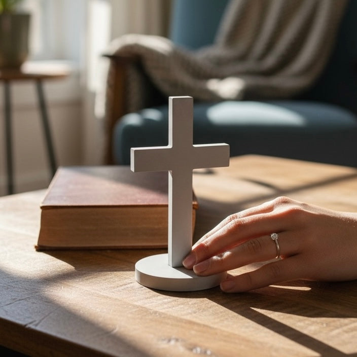 Croix jesmonite (blanc effet marbré)